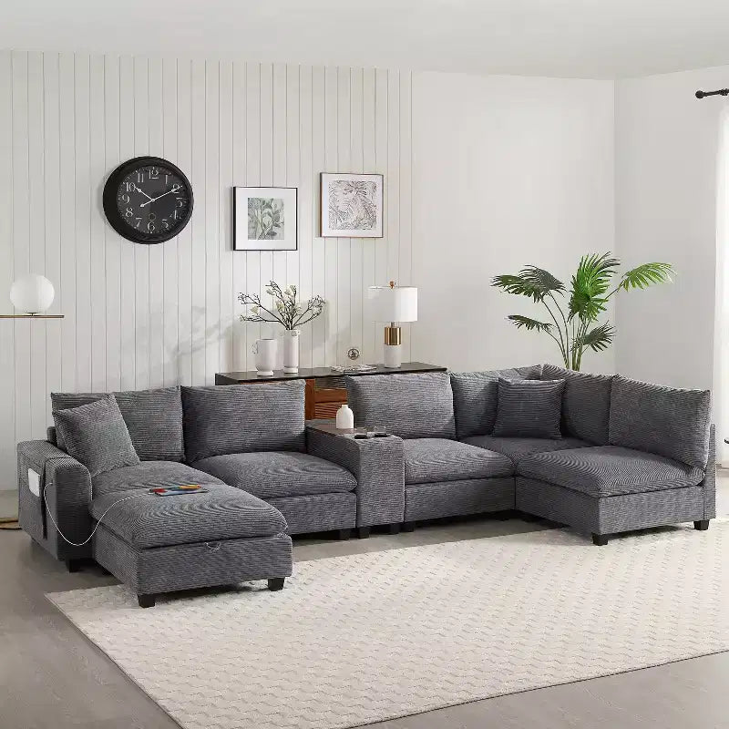 Canapé d'angle modulaire en forme de U de 142 pouces avec pouf de rangement, console, chargeur USB, sièges larges, revêtement en chenille, 6 places pour salon et appartement