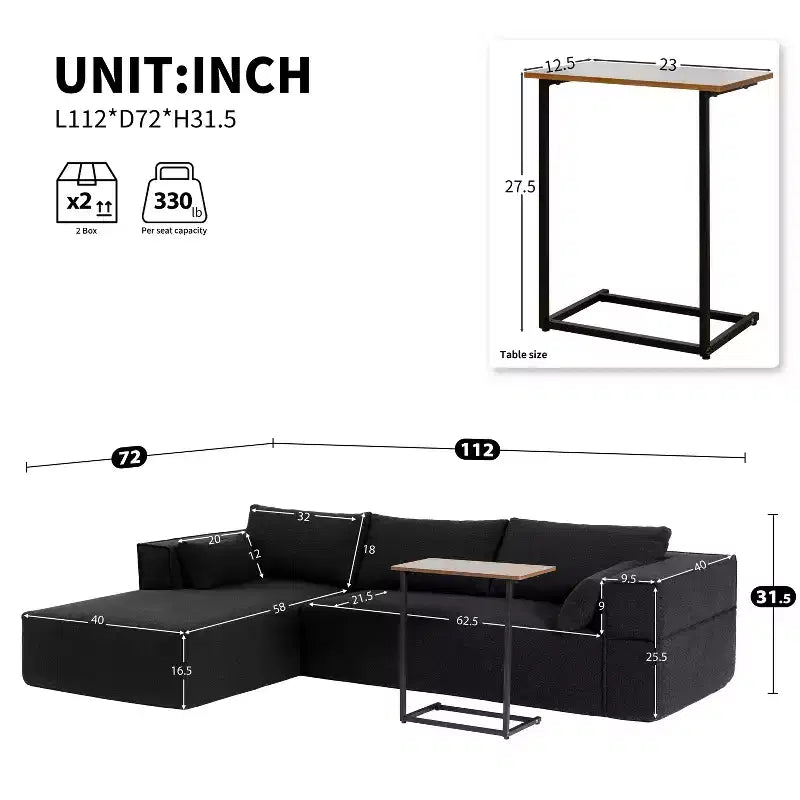 112'' Modular Sectional Sofa with Free Side Table and Boucle Fabric, Fully Compressed No Assembly L-Shaped 4-Seat Couch