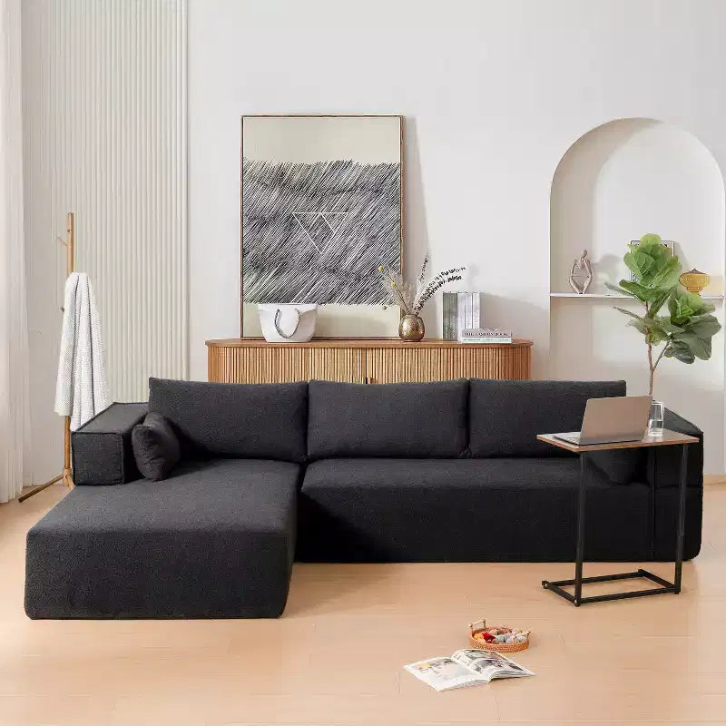 112'' Modular Sectional Sofa with Free Side Table and Boucle Fabric, Fully Compressed No Assembly L-Shaped 4-Seat Couch