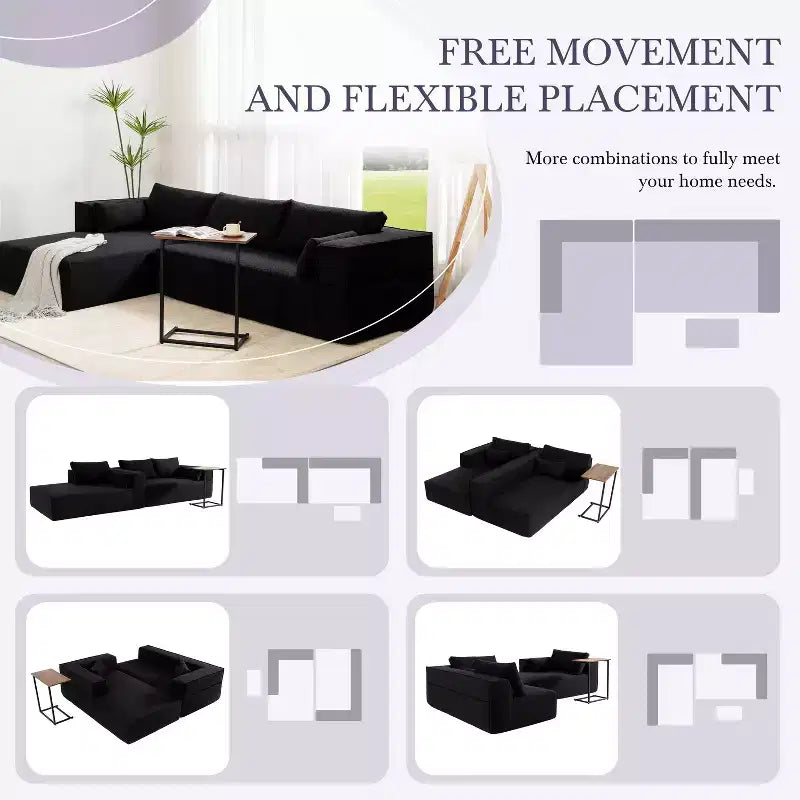 112'' Modular Sectional Sofa with Free Side Table and Boucle Fabric, Fully Compressed No Assembly L-Shaped 4-Seat Couch