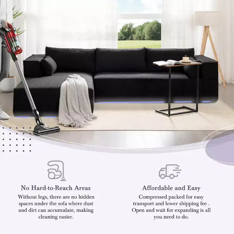 112'' Modular Sectional Sofa with Free Side Table and Boucle Fabric, Fully Compressed No Assembly L-Shaped 4-Seat Couch