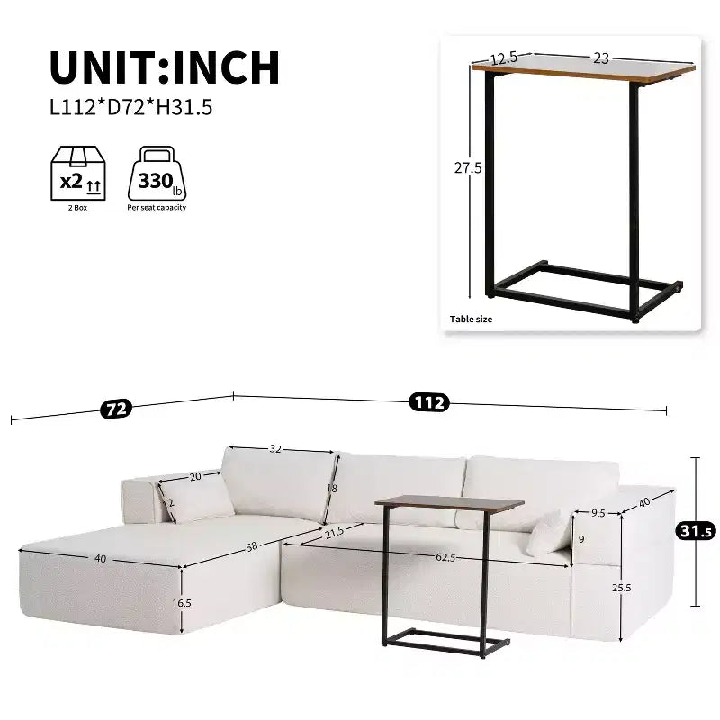 112'' Modular Sectional Sofa with Free Side Table and Boucle Fabric, Fully Compressed No Assembly L-Shaped 4-Seat Couch