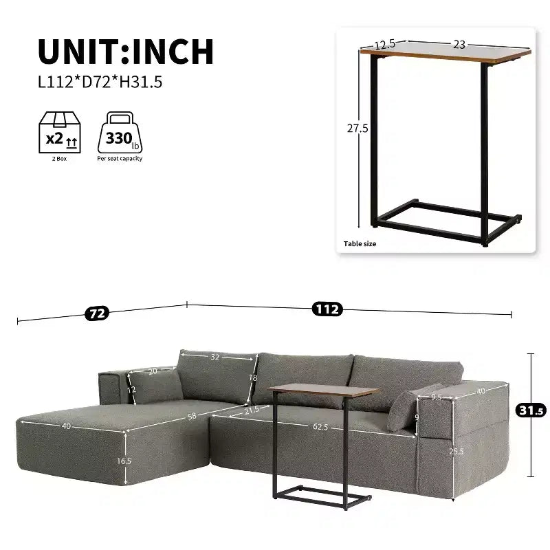 112'' Modular Sectional Sofa with Free Side Table and Boucle Fabric, Fully Compressed No Assembly L-Shaped 4-Seat Couch