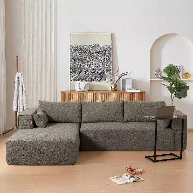 112'' Modular Sectional Sofa with Free Side Table and Boucle Fabric, Fully Compressed No Assembly L-Shaped 4-Seat Couch