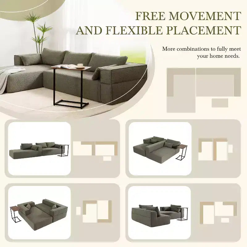 112'' Modular Sectional Sofa with Free Side Table and Boucle Fabric, Fully Compressed No Assembly L-Shaped 4-Seat Couch