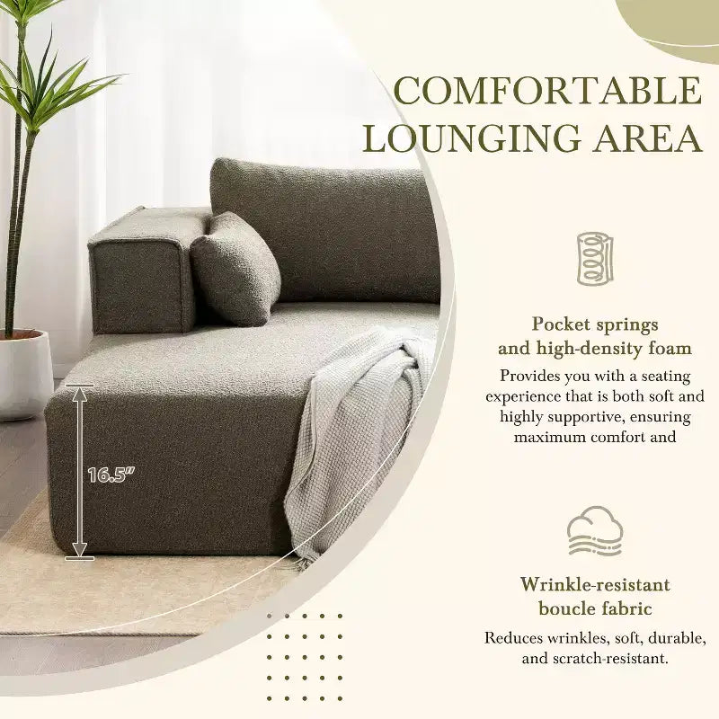 112'' Modular Sectional Sofa with Free Side Table and Boucle Fabric, Fully Compressed No Assembly L-Shaped 4-Seat Couch