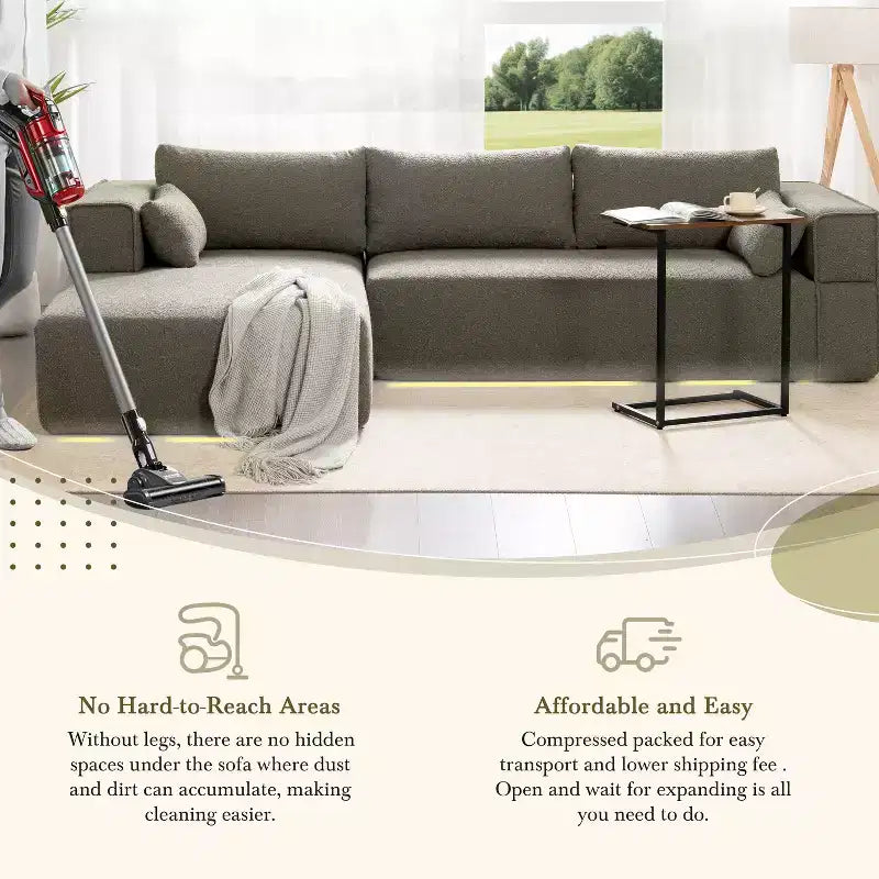 112'' Modular Sectional Sofa with Free Side Table and Boucle Fabric, Fully Compressed No Assembly L-Shaped 4-Seat Couch