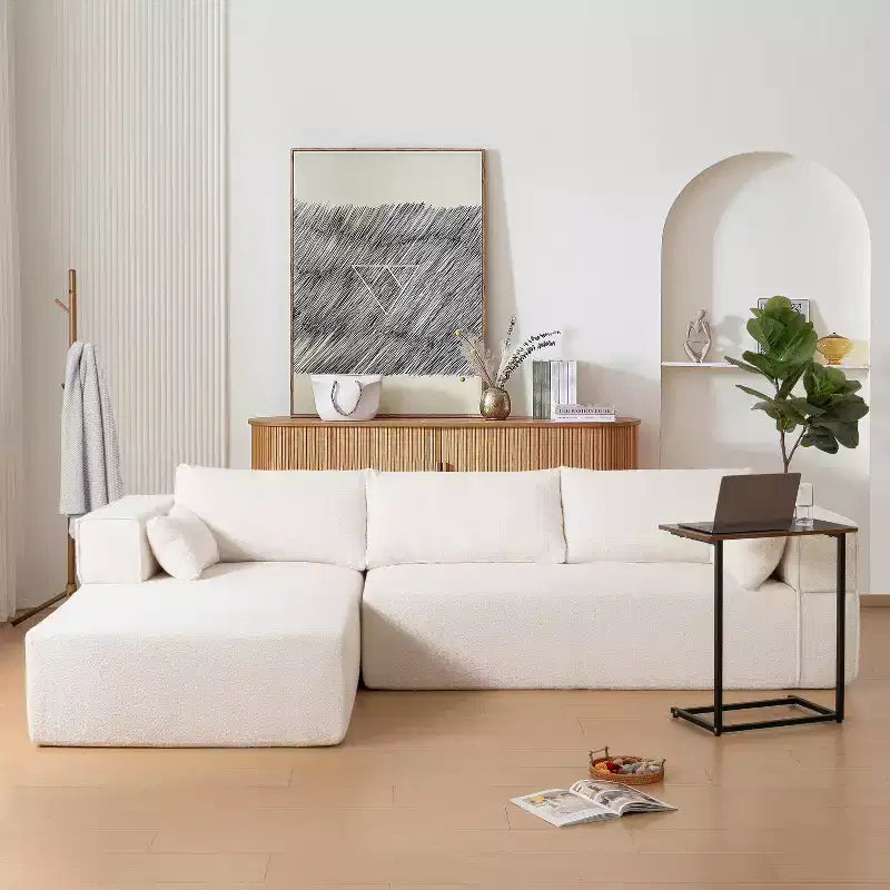 112'' Modular Sectional Sofa with Free Side Table and Boucle Fabric, Fully Compressed No Assembly L-Shaped 4-Seat Couch