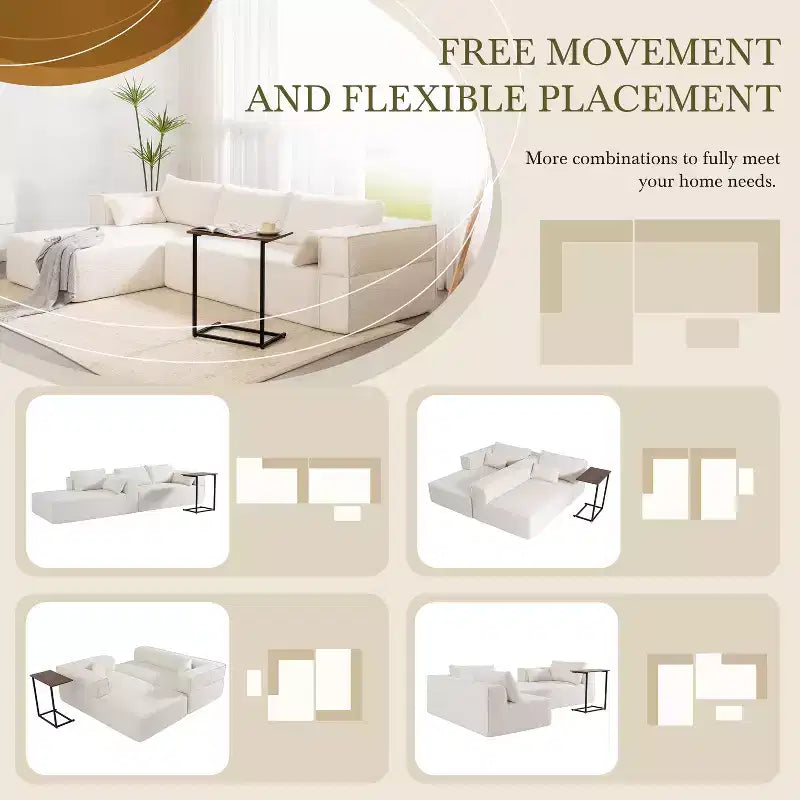 112'' Modular Sectional Sofa with Free Side Table and Boucle Fabric, Fully Compressed No Assembly L-Shaped 4-Seat Couch