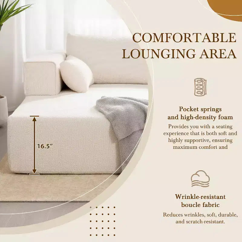 112'' Modular Sectional Sofa with Free Side Table and Boucle Fabric, Fully Compressed No Assembly L-Shaped 4-Seat Couch