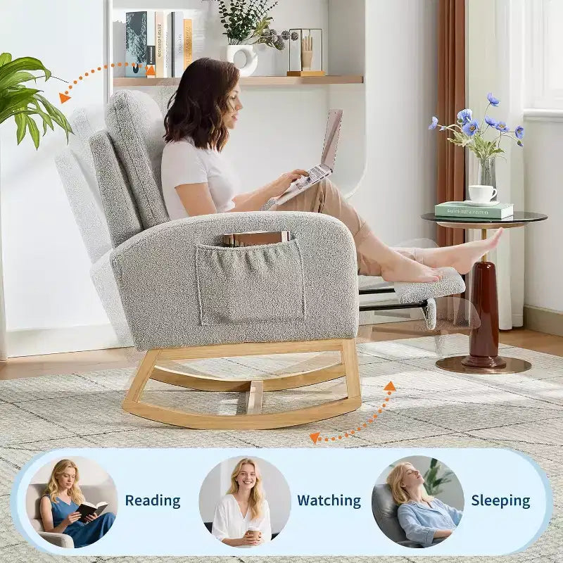 Rocking Chair Nursery with Foot Rest, Modern PU Upholstered Reading Armchair with High Backrest, for LivingRoom, Bedroom