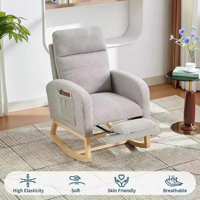 Rocking Chair Nursery with Foot Rest, Modern PU Upholstered Reading Armchair with High Backrest, for LivingRoom, Bedroom