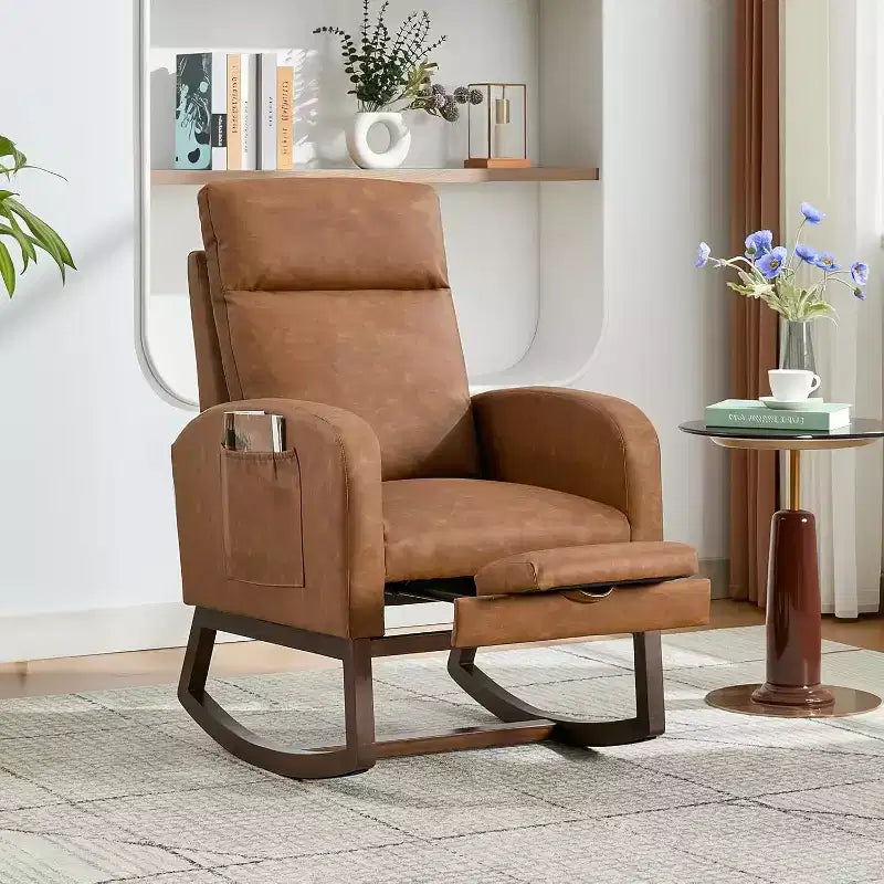 Rocking Chair Nursery with Foot Rest, Modern PU Upholstered Reading Armchair with High Backrest, for LivingRoom, Bedroom