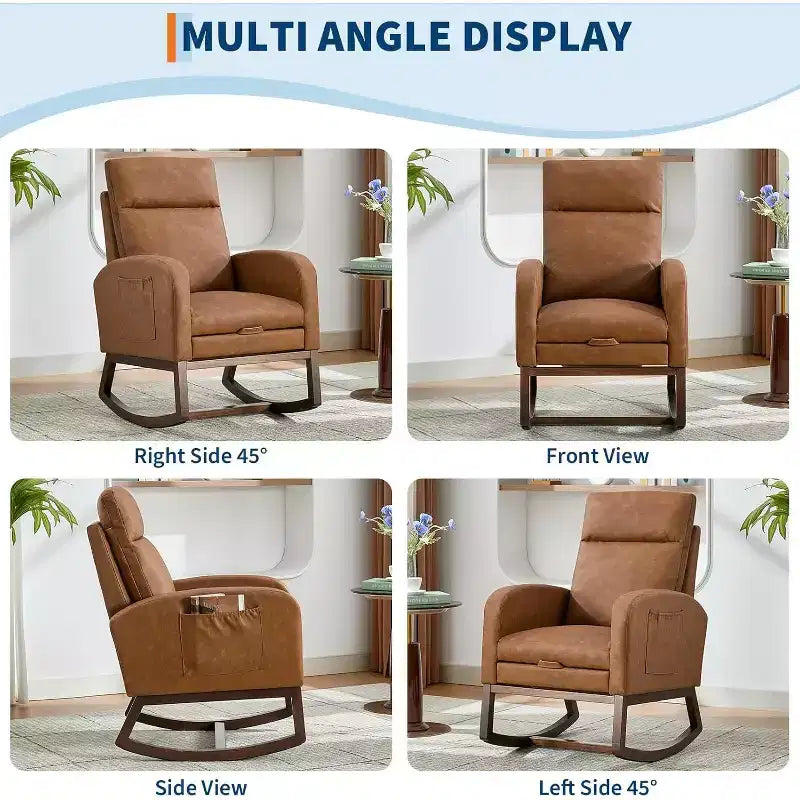 Rocking Chair Nursery with Foot Rest, Modern PU Upholstered Reading Armchair with High Backrest, for LivingRoom, Bedroom