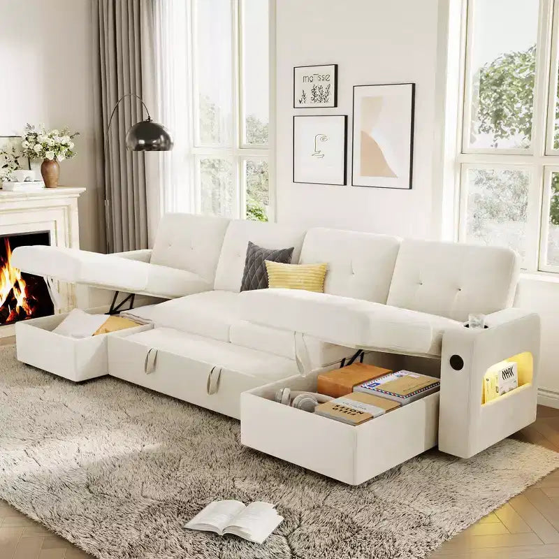 Garvee Sleeper Sofa CouchConvertible Pull Out Sofa Bed with Storage, Charging, Led Lights, L-Shaped Sectional Sofa for Living Room