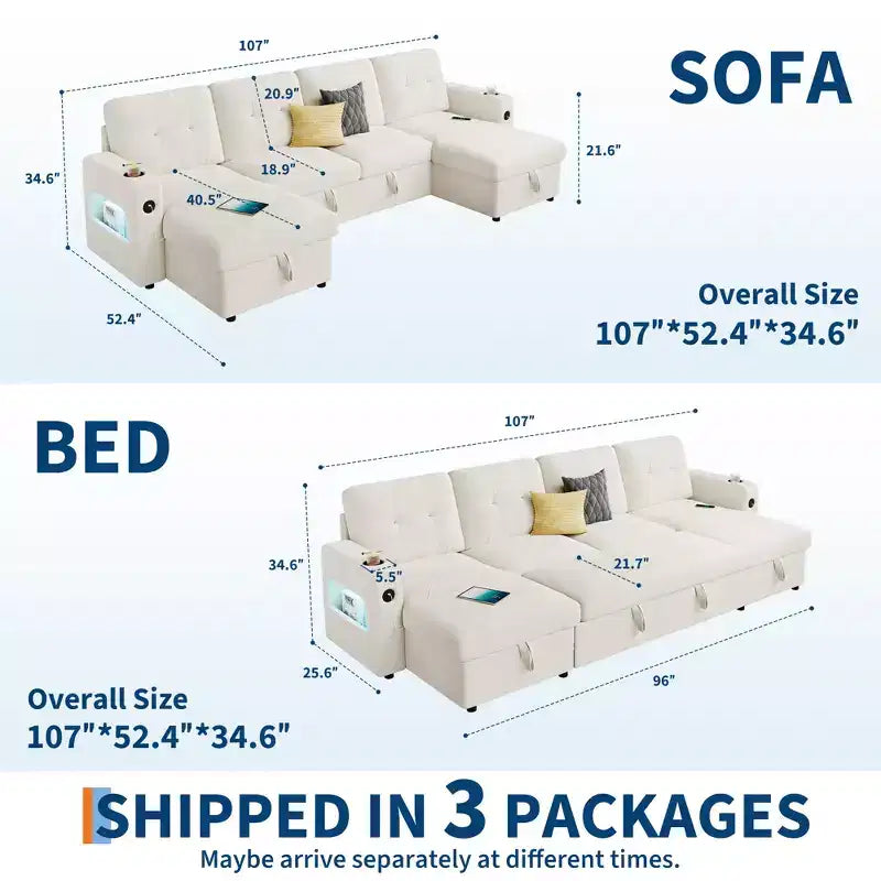 Garvee Sleeper Sofa CouchConvertible Pull Out Sofa Bed with Storage, Charging, Led Lights, L-Shaped Sectional Sofa for Living Room