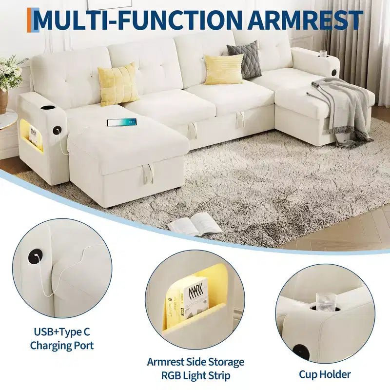 Garvee Sleeper Sofa CouchConvertible Pull Out Sofa Bed with Storage, Charging, Led Lights, L-Shaped Sectional Sofa for Living Room