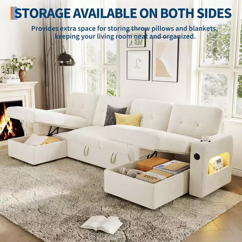 Garvee Sleeper Sofa CouchConvertible Pull Out Sofa Bed with Storage, Charging, Led Lights, L-Shaped Sectional Sofa for Living Room