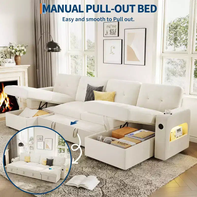 Garvee Sleeper Sofa CouchConvertible Pull Out Sofa Bed with Storage, Charging, Led Lights, L-Shaped Sectional Sofa for Living Room