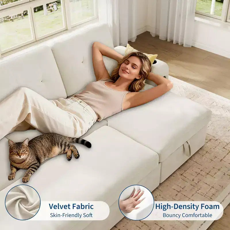 Garvee Sleeper Sofa CouchConvertible Pull Out Sofa Bed with Storage, Charging, Led Lights, L-Shaped Sectional Sofa for Living Room