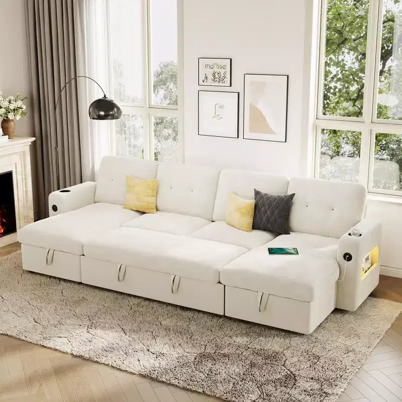 Garvee Sleeper Sofa CouchConvertible Pull Out Sofa Bed with Storage, Charging, Led Lights, L-Shaped Sectional Sofa for Living Room
