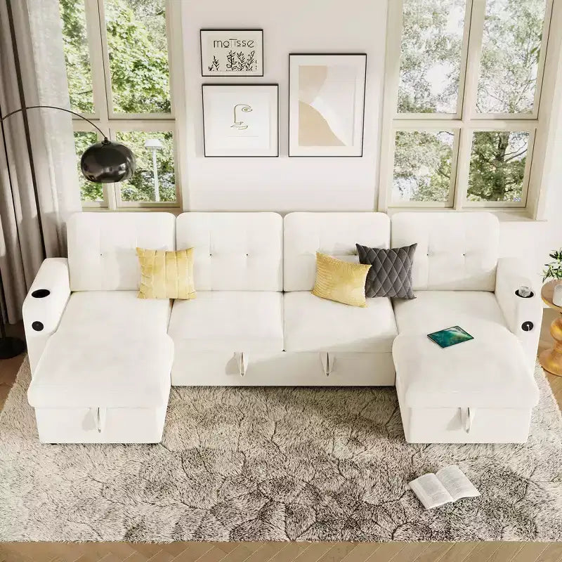 Garvee Sleeper Sofa CouchConvertible Pull Out Sofa Bed with Storage, Charging, Led Lights, L-Shaped Sectional Sofa for Living Room
