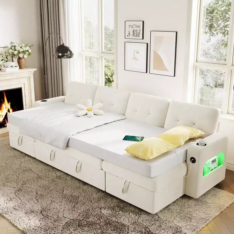 Garvee Sleeper Sofa CouchConvertible Pull Out Sofa Bed with Storage, Charging, Led Lights, L-Shaped Sectional Sofa for Living Room