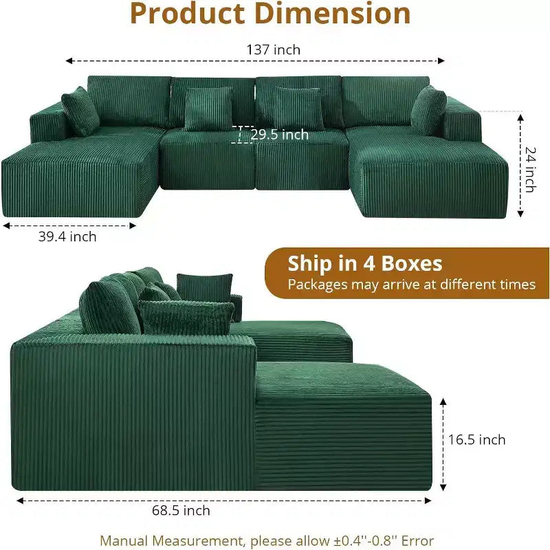 Acekool Ultra Soft Corduroy Sectional Sofa, 137 U-Shape | No-Assembly Modular Design w/ 2 Chaise Lounges | Convertible Sleeper