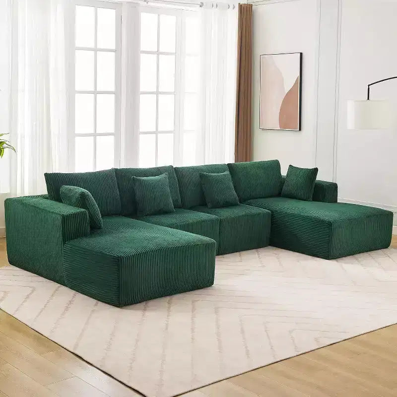 Acekool Ultra Soft Corduroy Sectional Sofa, 137 U-Shape | No-Assembly Modular Design w/ 2 Chaise Lounges | Convertible Sleeper