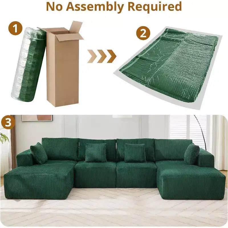 Acekool Ultra Soft Corduroy Sectional Sofa, 137 U-Shape | No-Assembly Modular Design w/ 2 Chaise Lounges | Convertible Sleeper