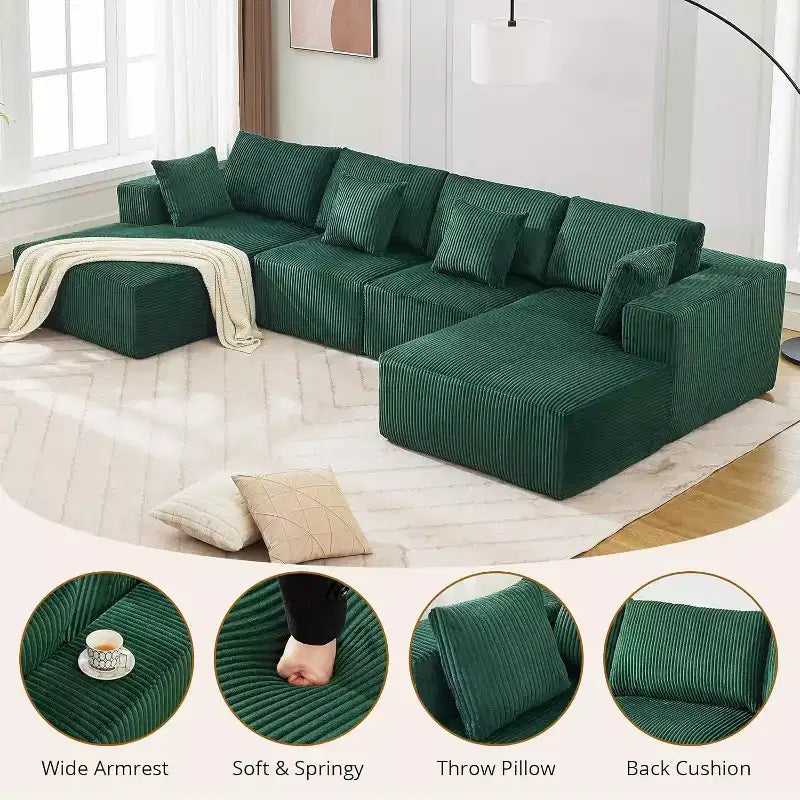 Acekool Ultra Soft Corduroy Sectional Sofa, 137 U-Shape | No-Assembly Modular Design w/ 2 Chaise Lounges | Convertible Sleeper