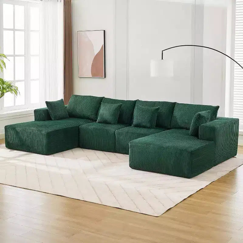 Acekool Ultra Soft Corduroy Sectional Sofa, 137 U-Shape | No-Assembly Modular Design w/ 2 Chaise Lounges | Convertible Sleeper