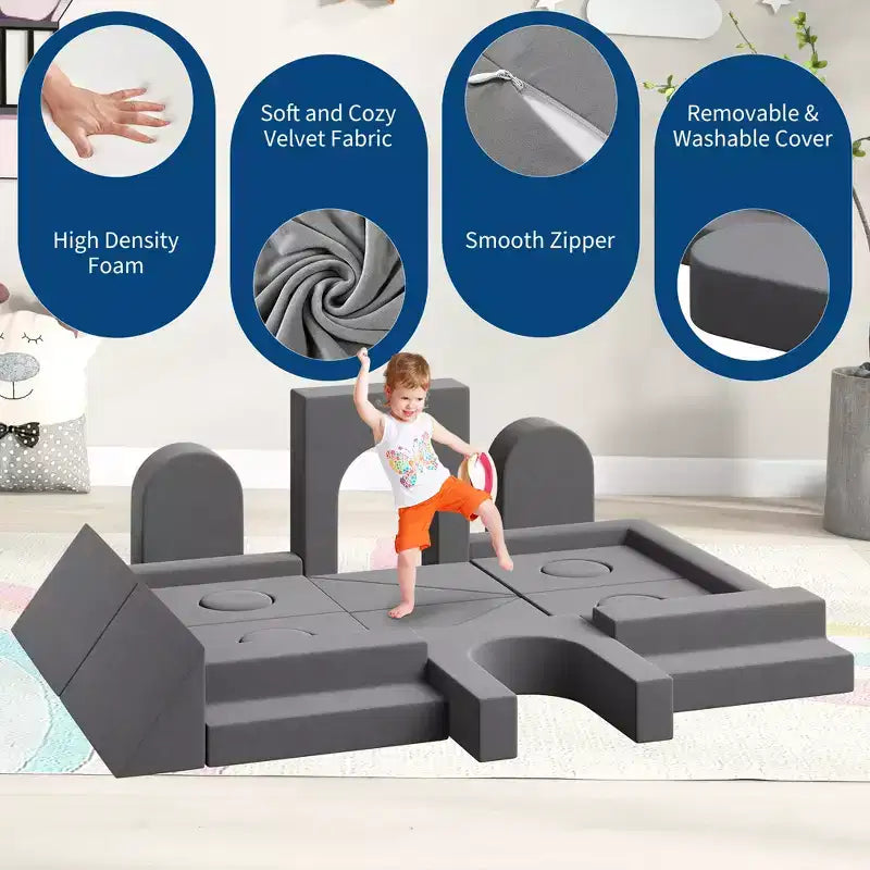 22PCS Modular Play Couch, Climbing and Crawl Foam Play Set Washable Velvet Sectional Sofa, Convertible Foam Climbing Sofa, Foam Floor Chair