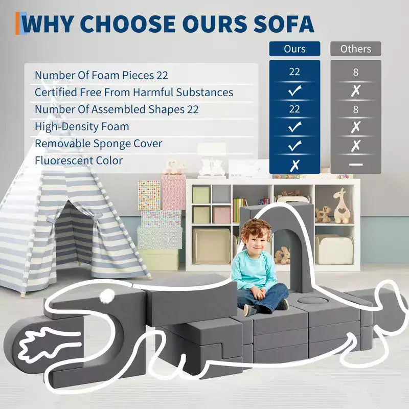 22PCS Modular Play Couch, Climbing and Crawl Foam Play Set Washable Velvet Sectional Sofa, Convertible Foam Climbing Sofa, Foam Floor Chair
