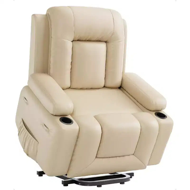 Sillón reclinable elevador eléctrico de gran tamaño para ancianos, sillón elevador de piel sintética con asiento ancho, portavasos y bolsillos laterales para sala de estar