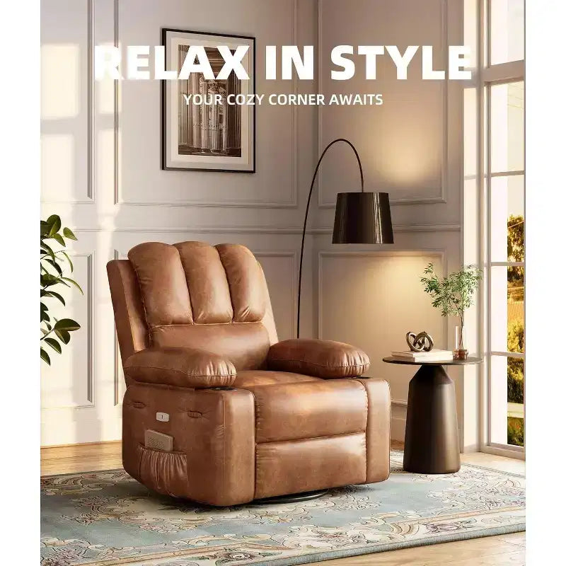 Faux Leather Swivel Rocking Recliner for Adults with Remote Control, Cup Holders, Lounge Chair for Living Room, Bedroom, Nursery