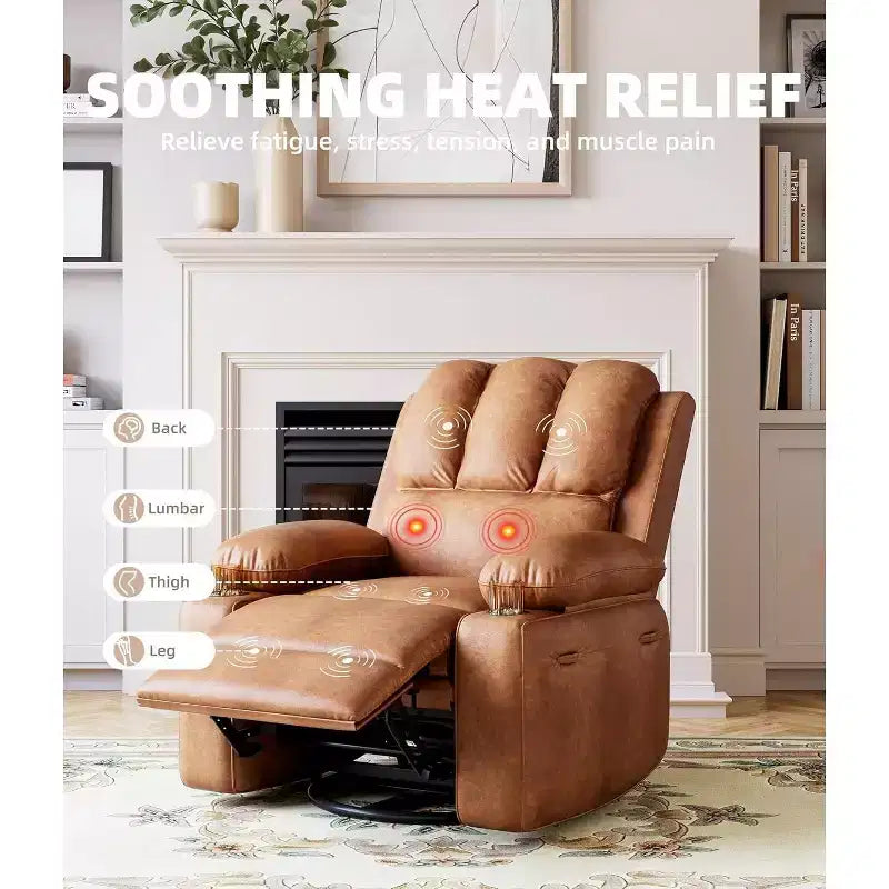 Faux Leather Swivel Rocking Recliner for Adults with Remote Control, Cup Holders, Lounge Chair for Living Room, Bedroom, Nursery