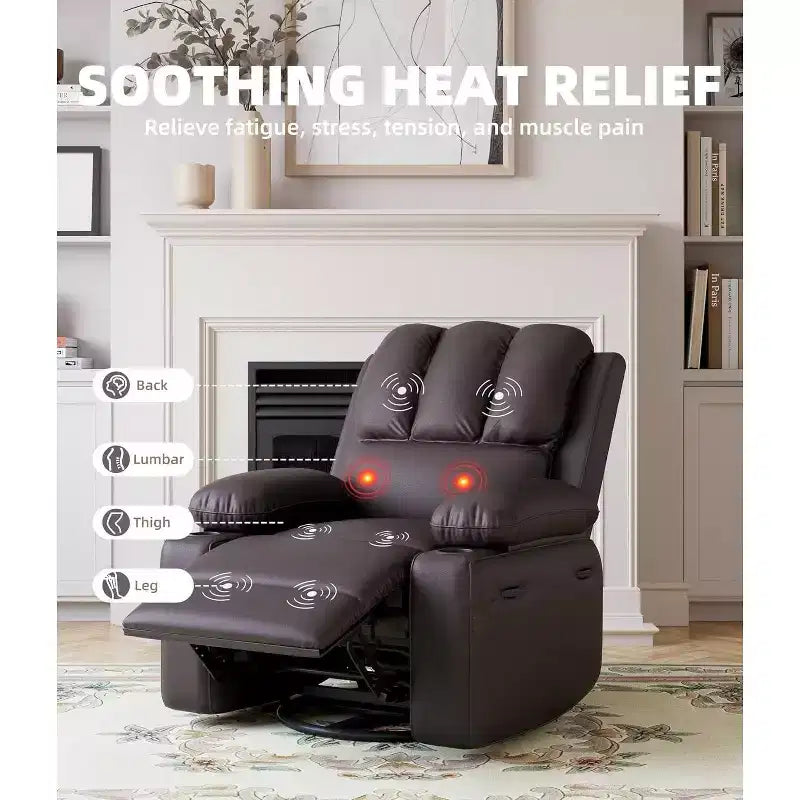 Faux Leather Swivel Rocking Recliner for Adults with Remote Control, Cup Holders, Lounge Chair for Living Room, Bedroom, Nursery
