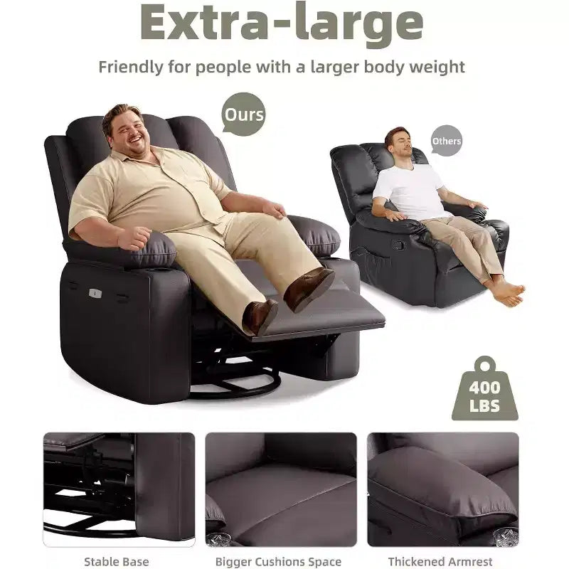 Faux Leather Swivel Rocking Recliner for Adults with Remote Control, Cup Holders, Lounge Chair for Living Room, Bedroom, Nursery