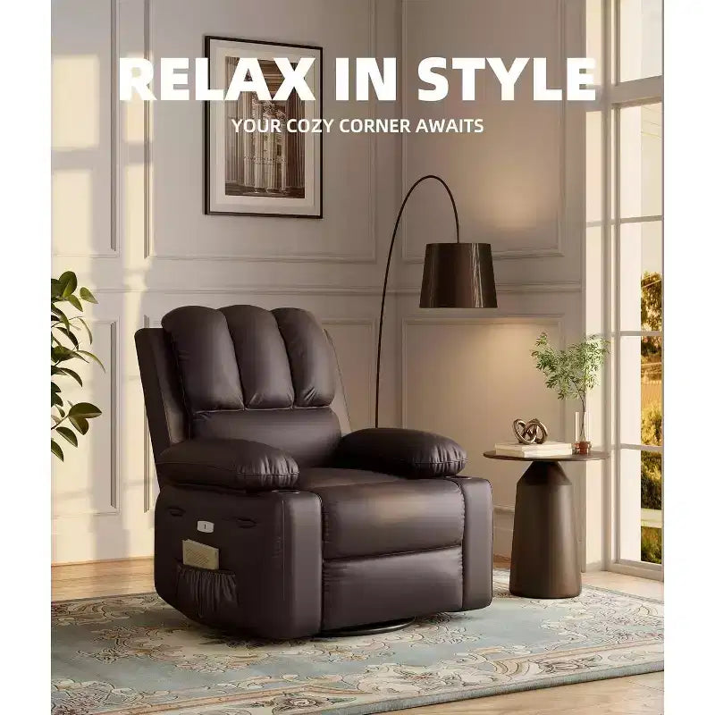 Faux Leather Swivel Rocking Recliner for Adults with Remote Control, Cup Holders, Lounge Chair for Living Room, Bedroom, Nursery