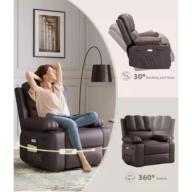 Faux Leather Swivel Rocking Recliner for Adults with Remote Control, Cup Holders, Lounge Chair for Living Room, Bedroom, Nursery