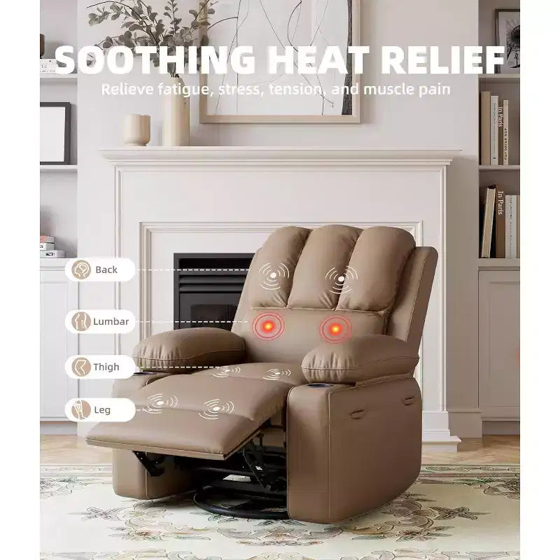 Faux Leather Swivel Rocking Recliner for Adults with Remote Control, Cup Holders, Lounge Chair for Living Room, Bedroom, Nursery