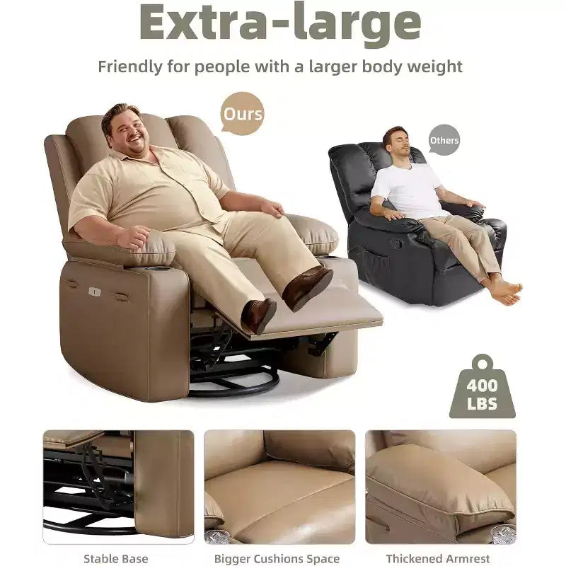 Faux Leather Swivel Rocking Recliner for Adults with Remote Control, Cup Holders, Lounge Chair for Living Room, Bedroom, Nursery