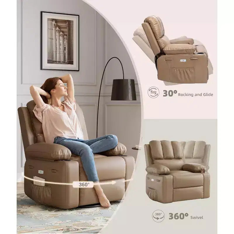 Faux Leather Swivel Rocking Recliner for Adults with Remote Control, Cup Holders, Lounge Chair for Living Room, Bedroom, Nursery