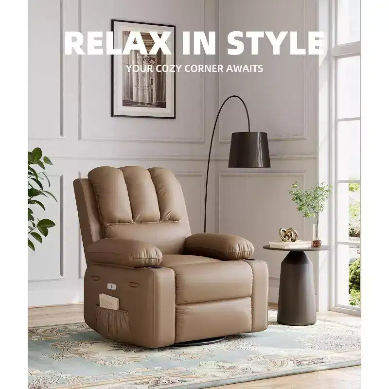 Faux Leather Swivel Rocking Recliner for Adults with Remote Control, Cup Holders, Lounge Chair for Living Room, Bedroom, Nursery