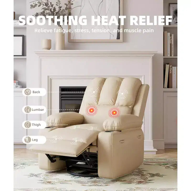 Faux Leather Swivel Rocking Recliner for Adults with Remote Control, Cup Holders, Lounge Chair for Living Room, Bedroom, Nursery