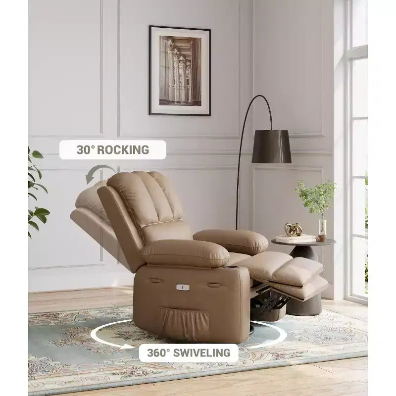 Faux Leather Swivel Rocking Recliner for Adults with Remote Control, Cup Holders, Lounge Chair for Living Room, Bedroom, Nursery