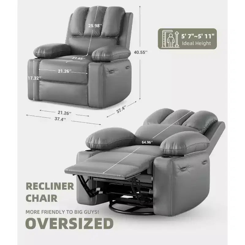 Faux Leather Swivel Rocking Recliner for Adults with Remote Control, Cup Holders, Lounge Chair for Living Room, Bedroom, Nursery