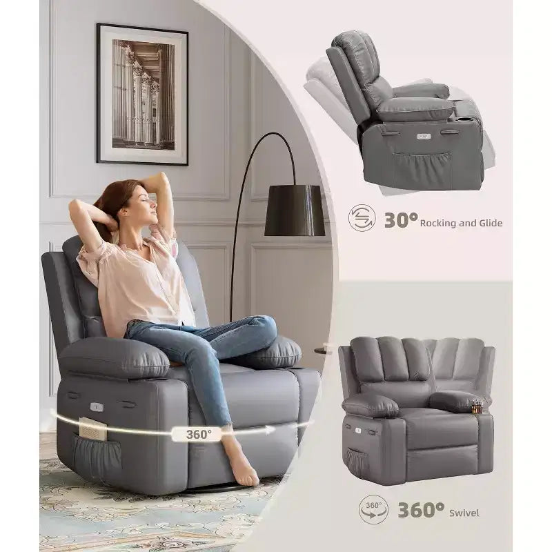 Faux Leather Swivel Rocking Recliner for Adults with Remote Control, Cup Holders, Lounge Chair for Living Room, Bedroom, Nursery