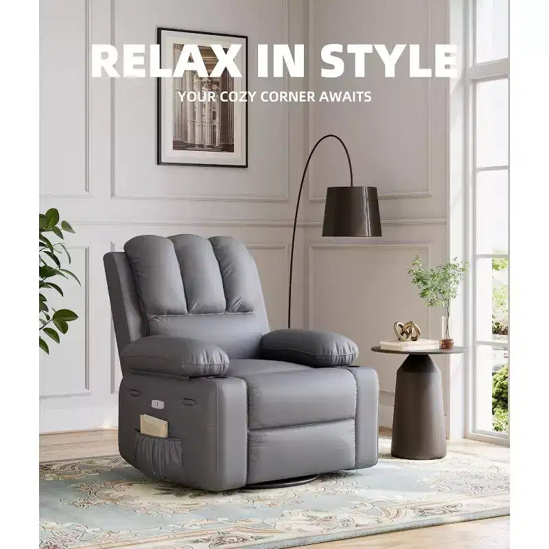 Faux Leather Swivel Rocking Recliner for Adults with Remote Control, Cup Holders, Lounge Chair for Living Room, Bedroom, Nursery